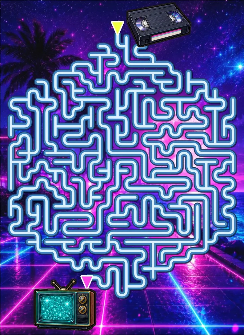 A dense neon maze on a vaporwave sunset backdrop, with a VHS tape at the start and a retro television at the finish