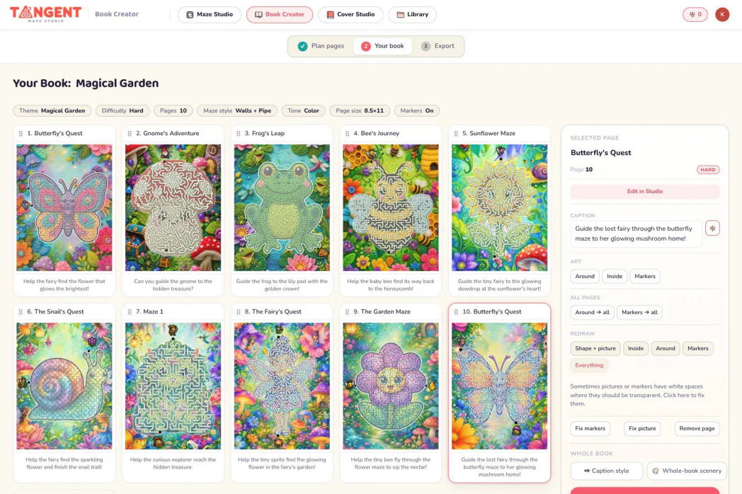 Your book: ten finished Magical Garden maze pages laid out as real printed pages