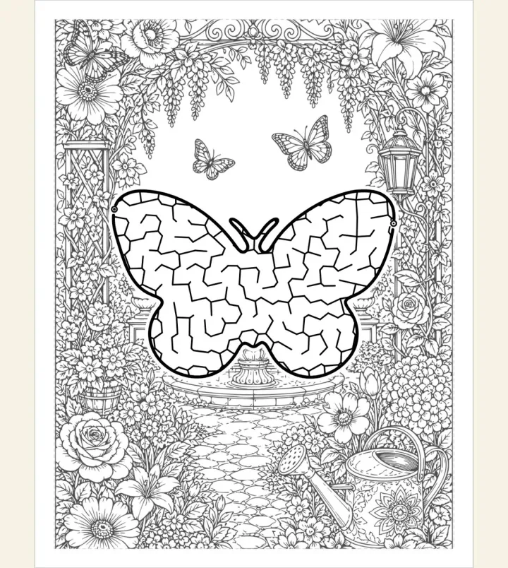 A butterfly maze framed by an intricate black and white secret-garden coloring scene