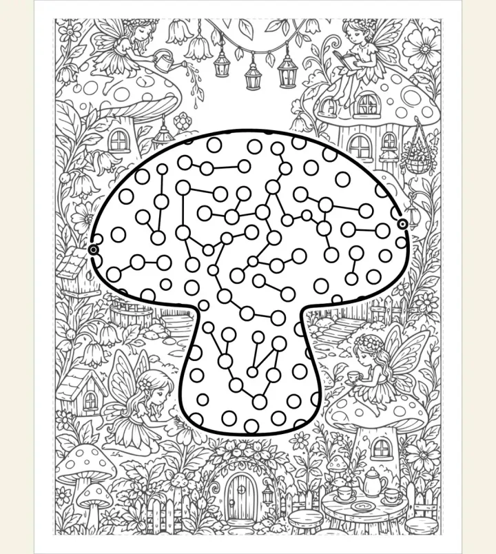 A mushroom maze surrounded by a fairy village coloring scene with toadstool houses