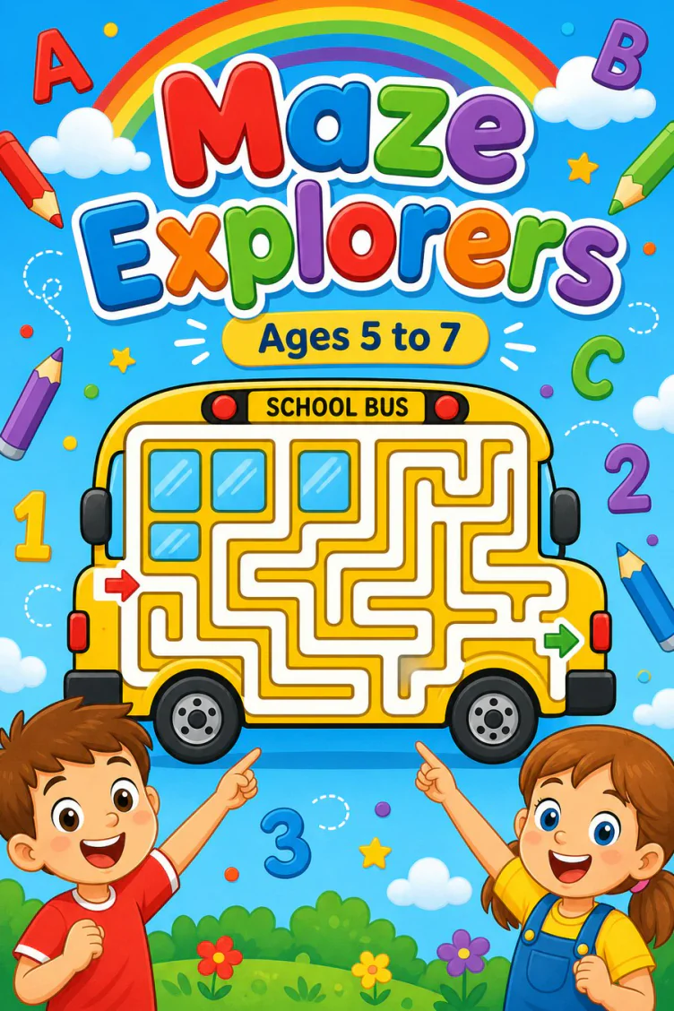 Bright educational kids cover with a school bus maze