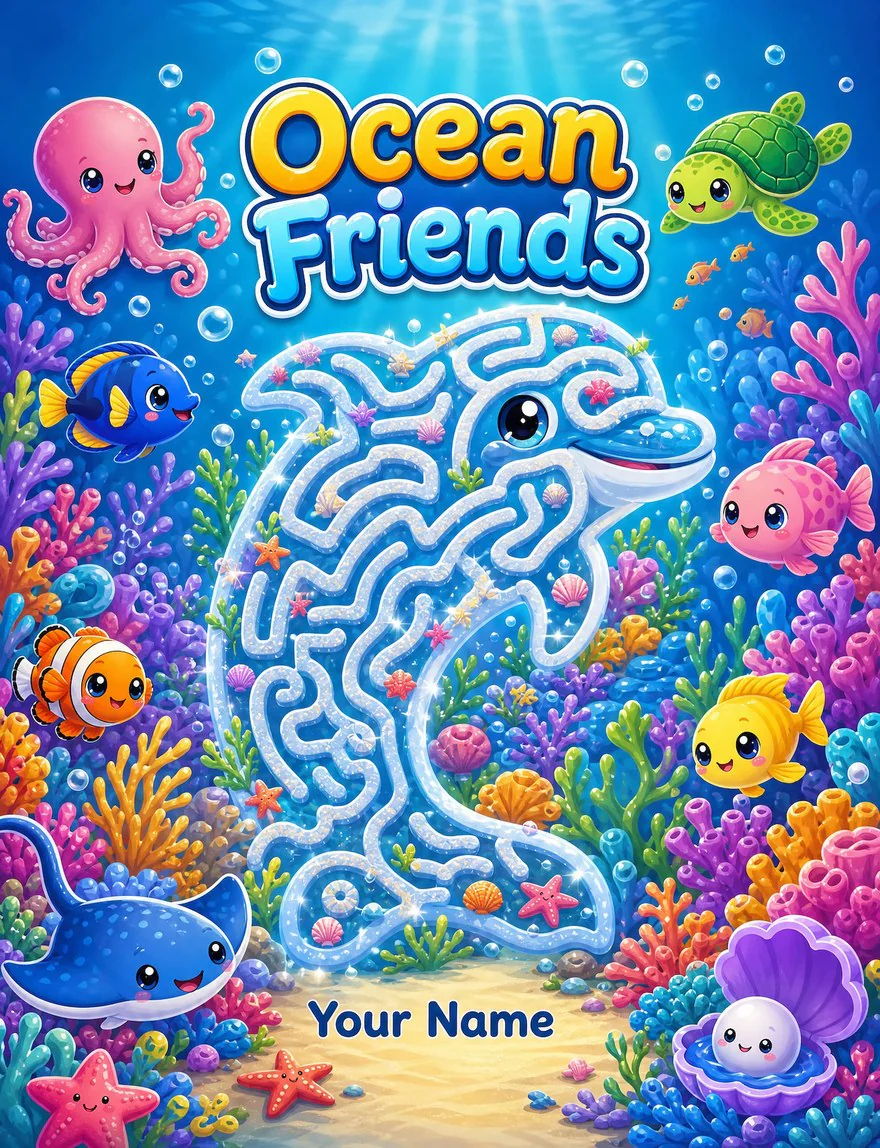 AI-generated Ocean Friends cover with a dolphin-shaped maze drawn into a coral reef