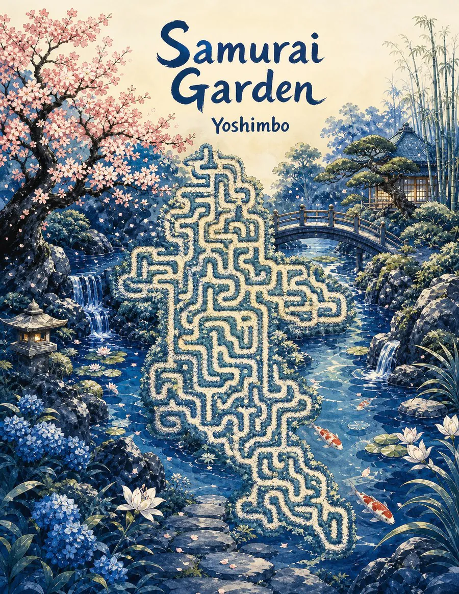 Samurai Garden cover: a stone-path maze winding through a moonlit Japanese garden with koi and cherry blossom