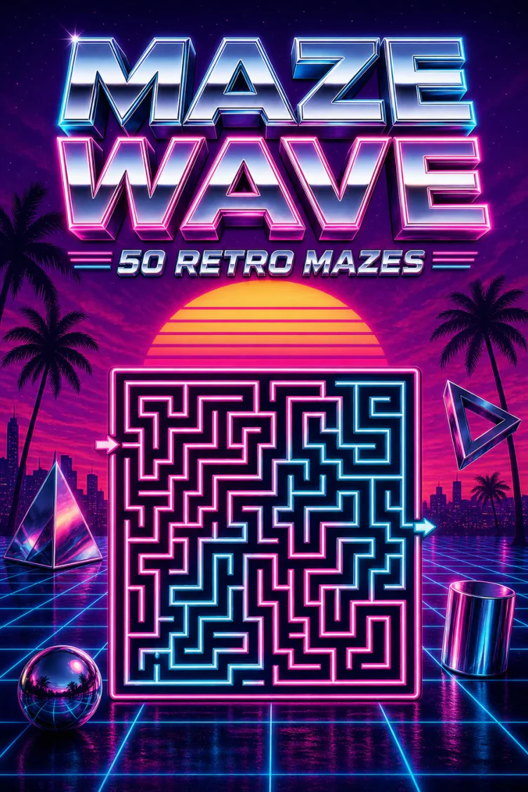 Retro vaporwave cover with a neon maze on a glowing grid horizon