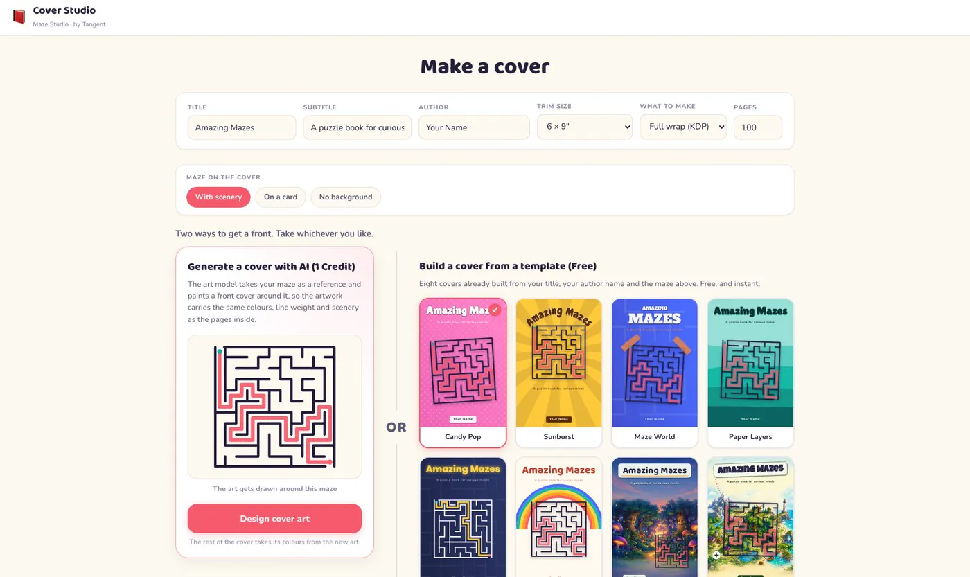 The Cover Studio: title and author fields, trim size, full-wrap or front-only, and two ways to get a front cover: generate one with AI, or pick from eight free templates already built with your maze