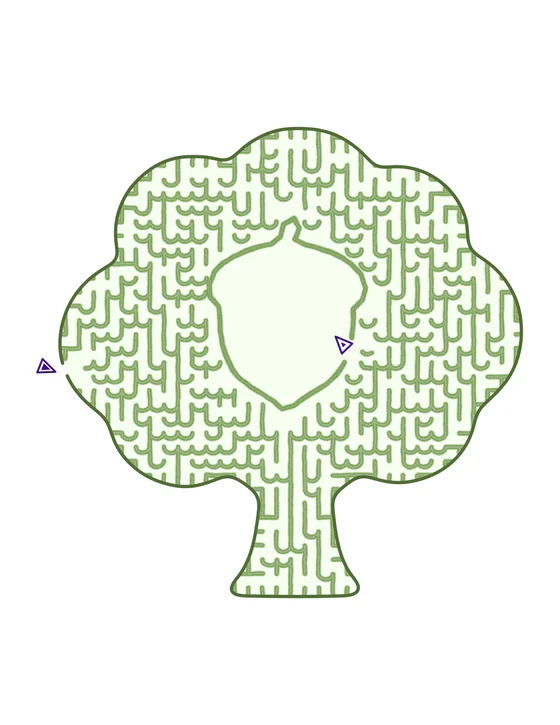 An acorn cut out of an oak tree maze