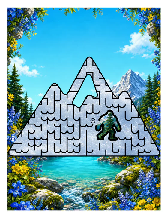 Bigfoot hiding in a mountain maze above an alpine lake
