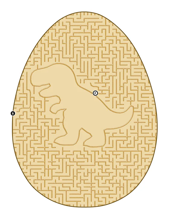 A baby dinosaur cut out of a golden egg maze
