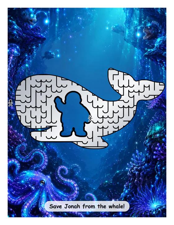 Jonah cut out of a whale maze in a glowing deep-sea scene