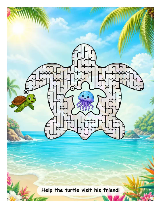A little turtle cut out of a pearly turtle-shell maze on a tropical beach