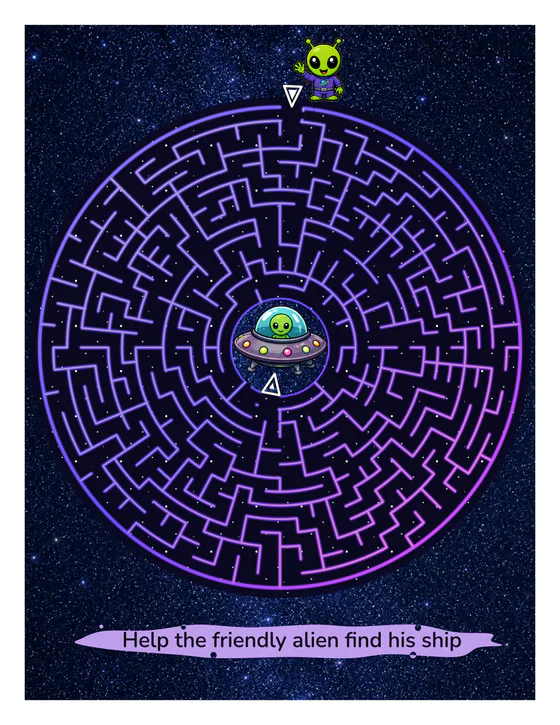A flying saucer cut out of a circular neon space maze, with a lost alien waiting outside
