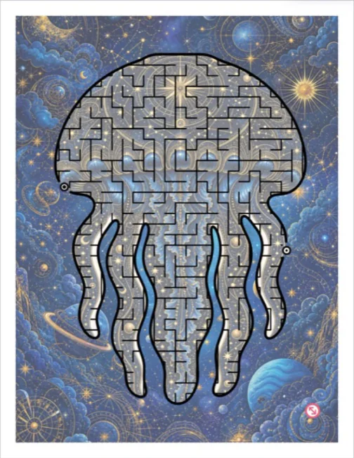 A jellyfish maze on a celestial blue and gold illustrated page