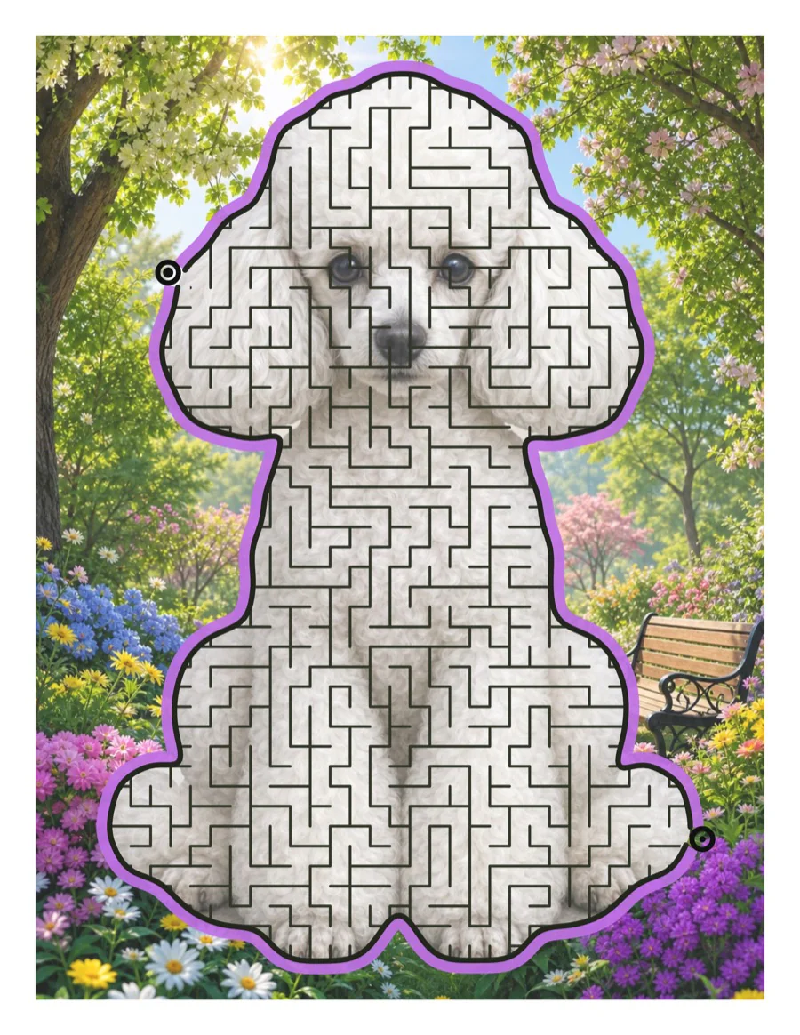 A poodle-shaped maze on a lush garden page
