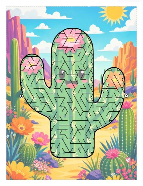 A smiling cactus maze with triangle corridors in a sunny desert scene