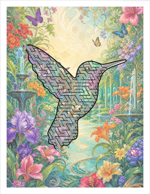 An art nouveau hummingbird maze with herringbone corridors in a flowering fountain garden
