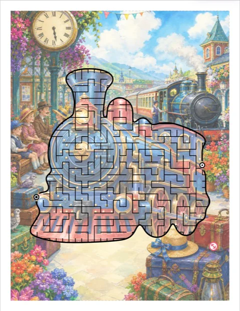 A storybook steam train maze pulling into a flower-filled station