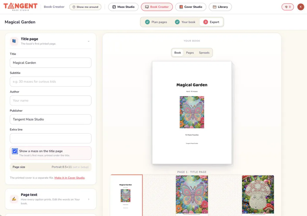 Export: title page fields and a live preview of the finished book