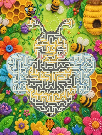 A felt-craft bee maze in a honeycomb meadow