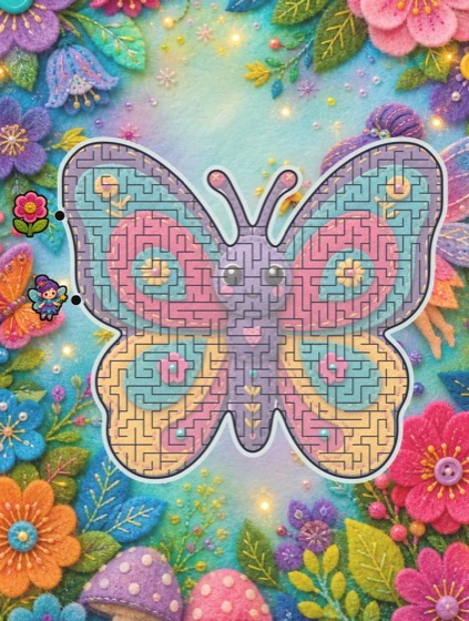 A felt-craft butterfly maze in a stitched flower garden