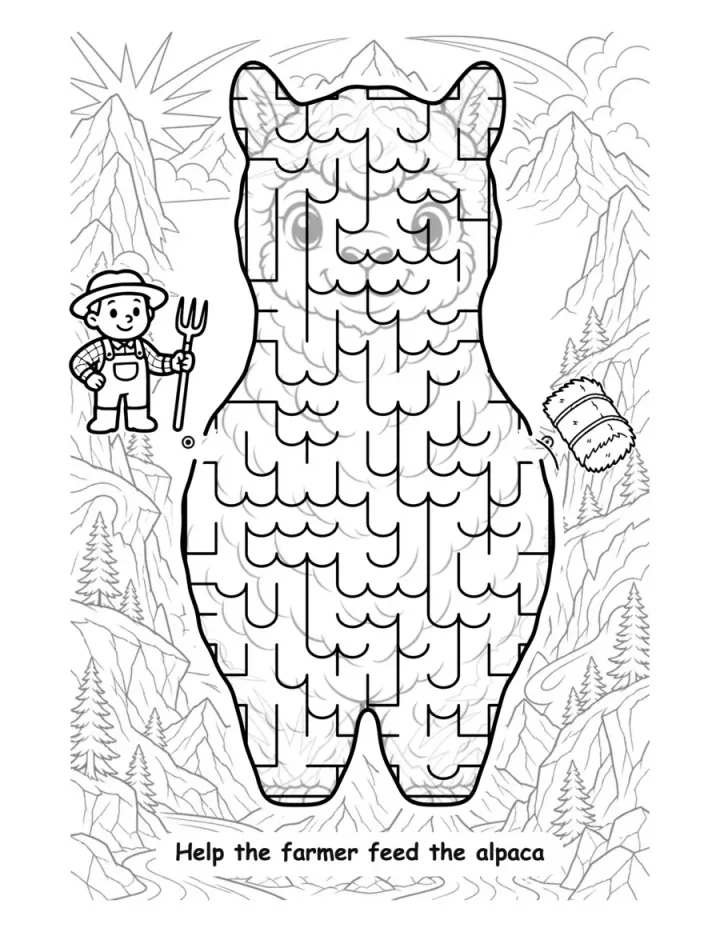 An alpaca maze in the mountains, with a farmer at the start and a hay bale at the finish