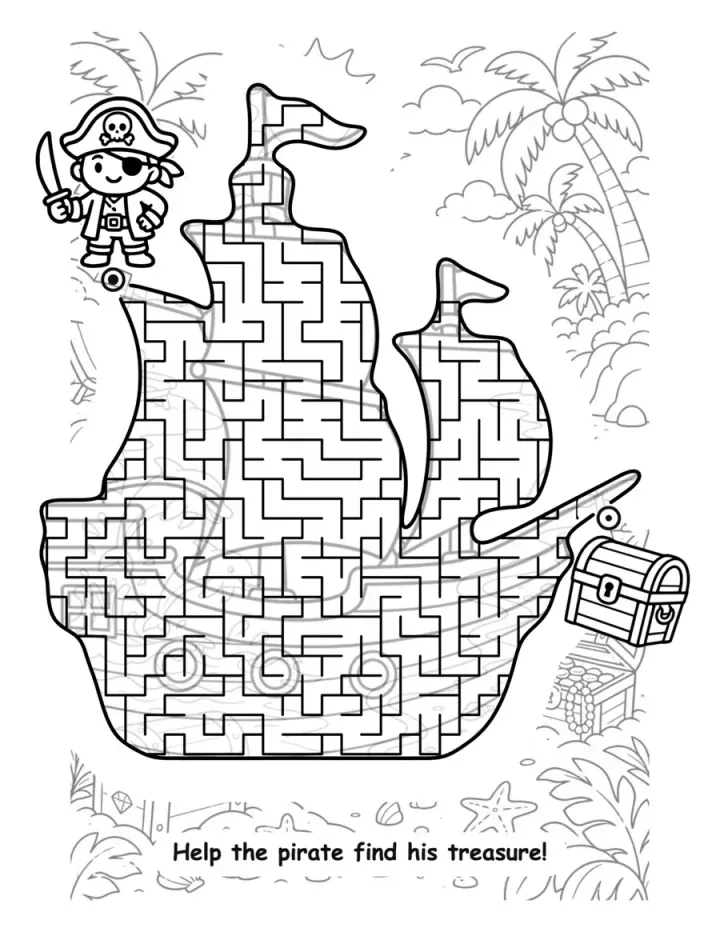 A pirate ship maze on a treasure island, with a little pirate at the start and a treasure chest at the finish