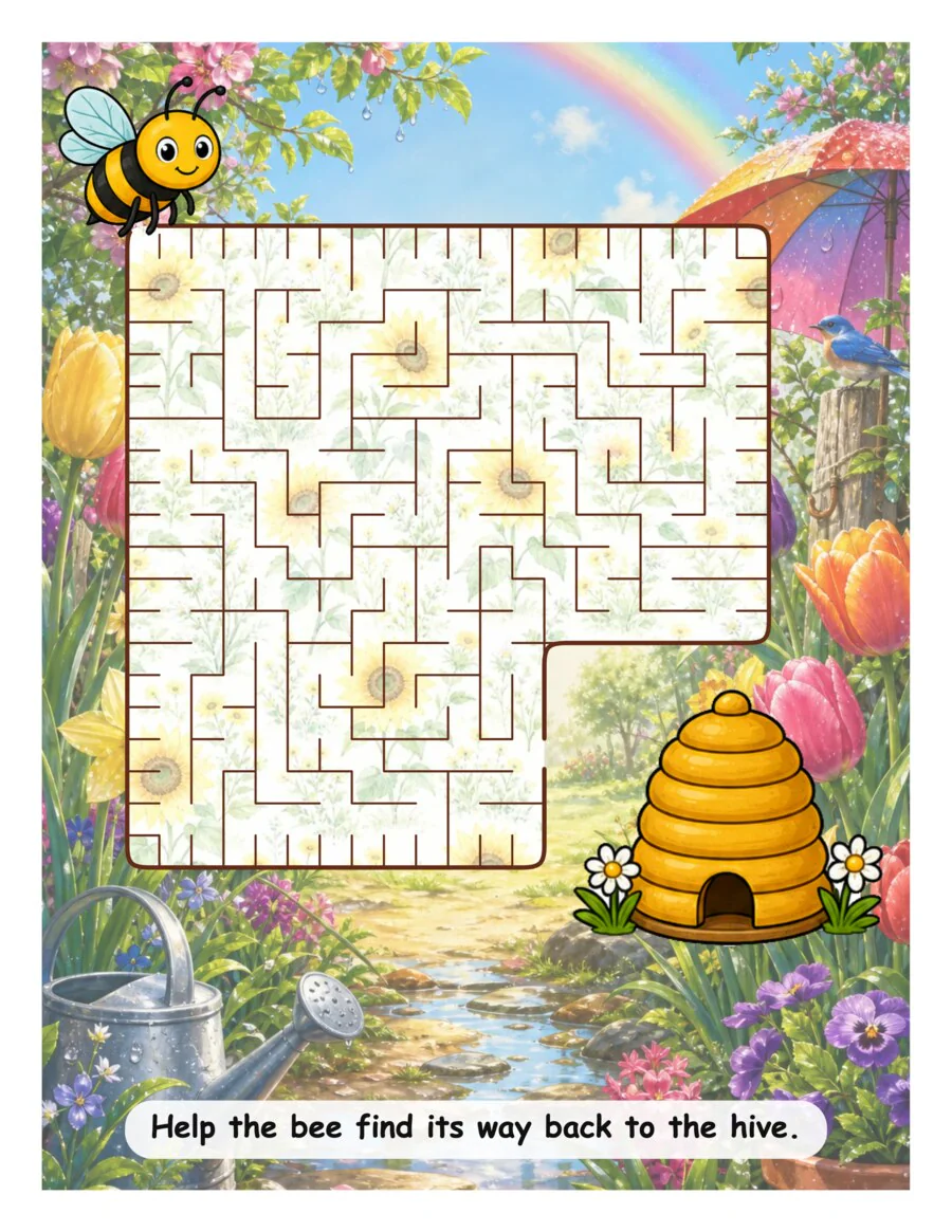 A bee maze in a rainy spring garden, the bee waiting at the start and the hive at the finish