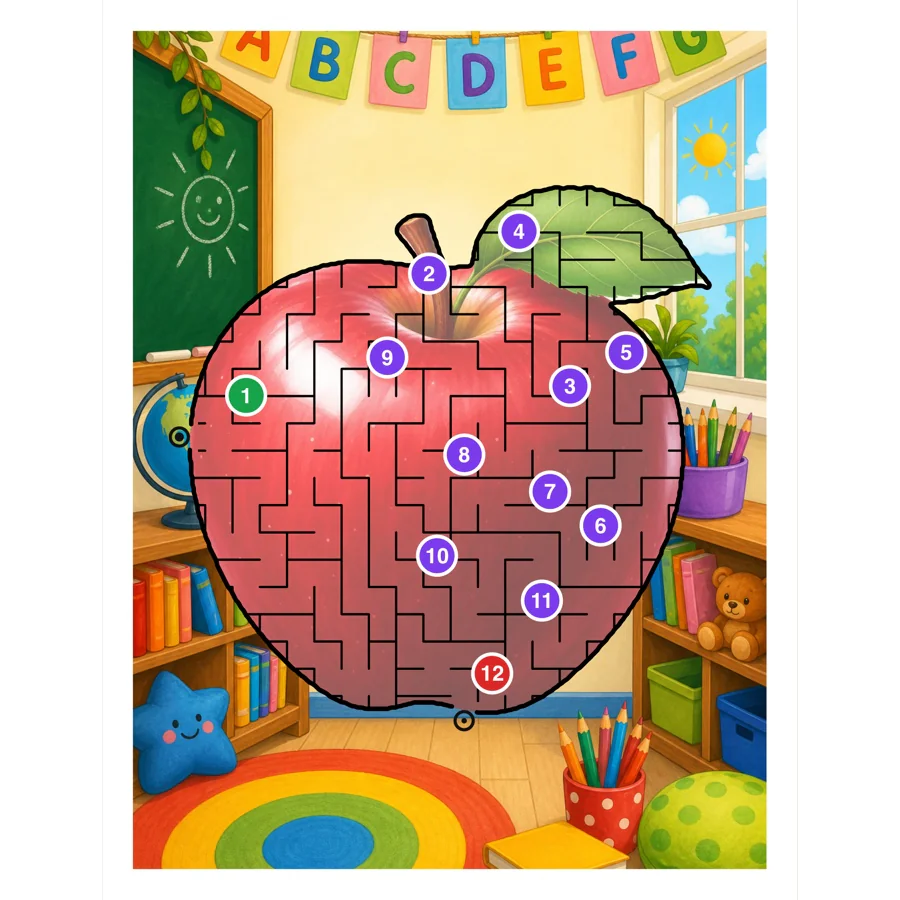 A red apple maze with a numbered circle trail in a cheerful classroom