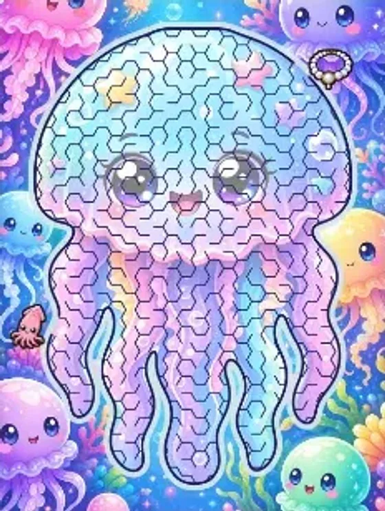 Jellyfish Glow: a jellyfish maze with honeycomb corridors among neon jellies