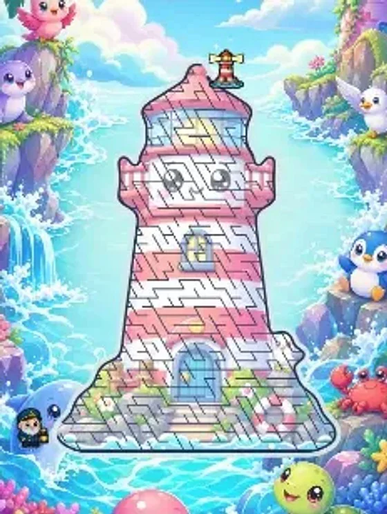 Lighthouse Glow: a striped lighthouse maze on a rocky island with waterfalls
