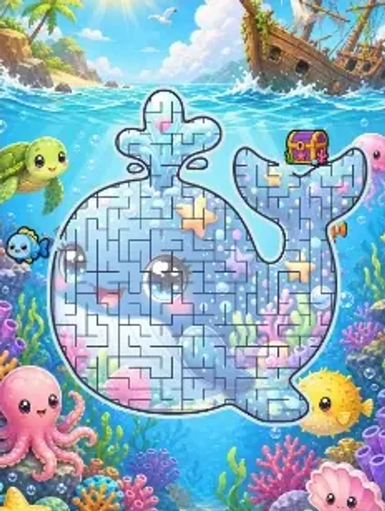 Whale's Journey: a whale maze in a sunny cove with a shipwreck