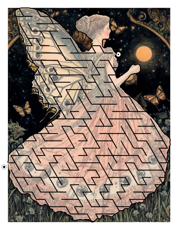 A vintage illustration of a butterfly winged lady in a moonlit garden, her gown carved into a maze
