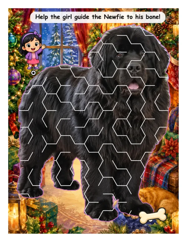 A photograph of a black Newfoundland dog carved into a honeycomb maze in a Christmas living room, with a girl at the start and a bone at the finish