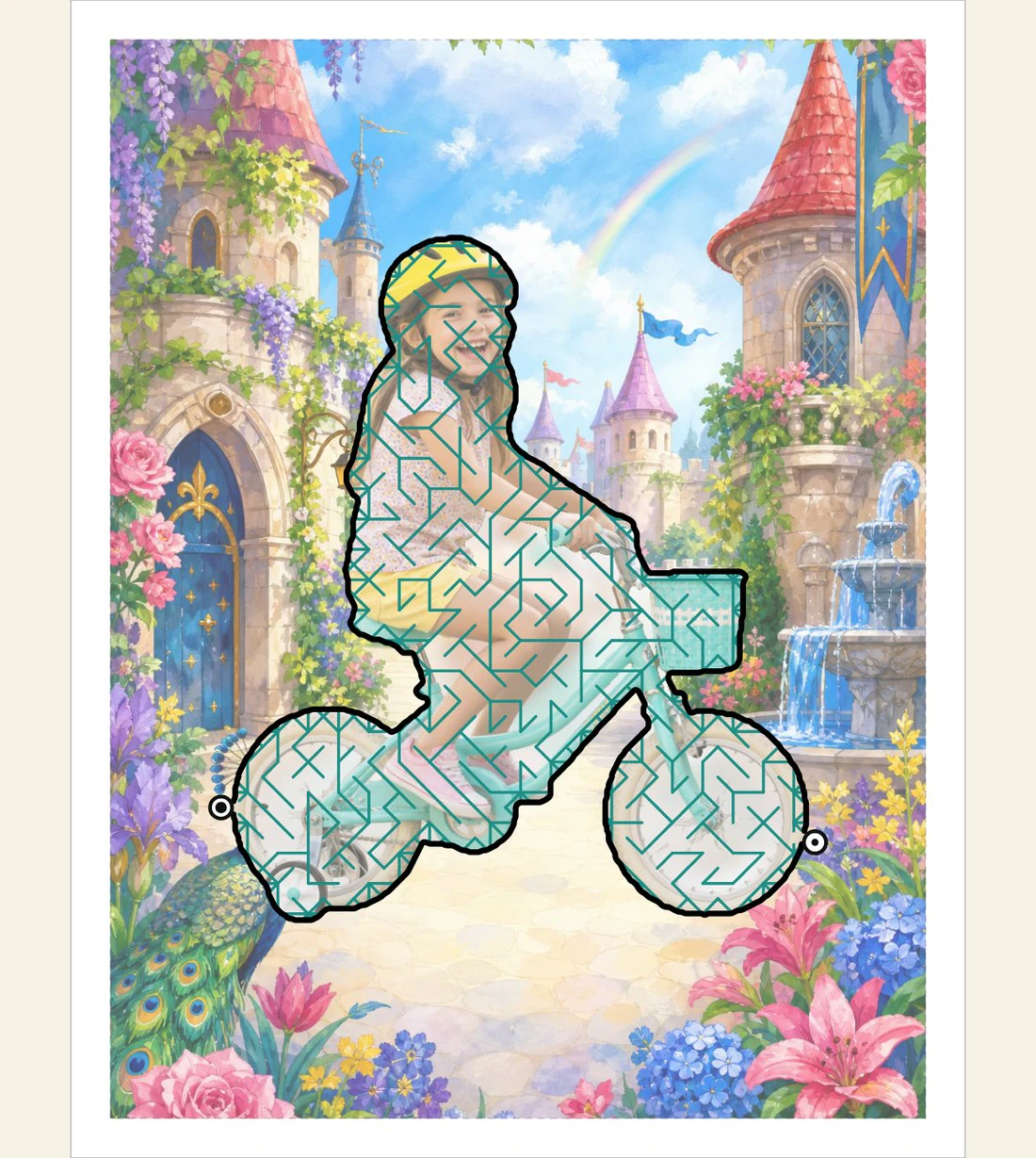 A photo of a girl riding her bike, whole bike visible, carved into a maze through a fairytale castle courtyard