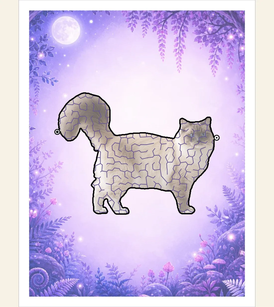 A Ragdoll cat photo carved into a maze in a moonlit purple forest