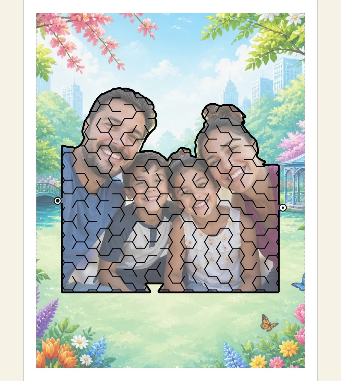 A family photo carved into a maze, the photo showing inside, on a sunny park scene