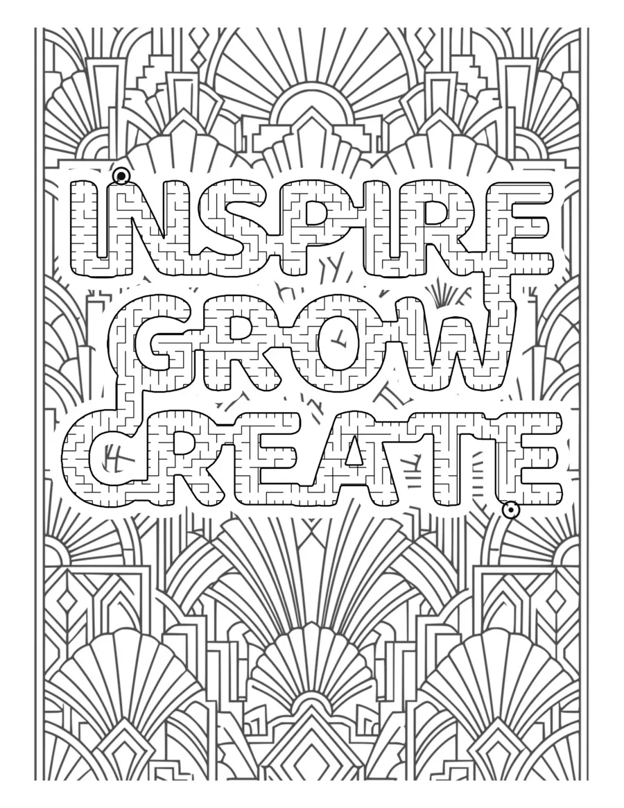 INSPIRE GROW CREATE carved into one connected maze on an art deco fan background