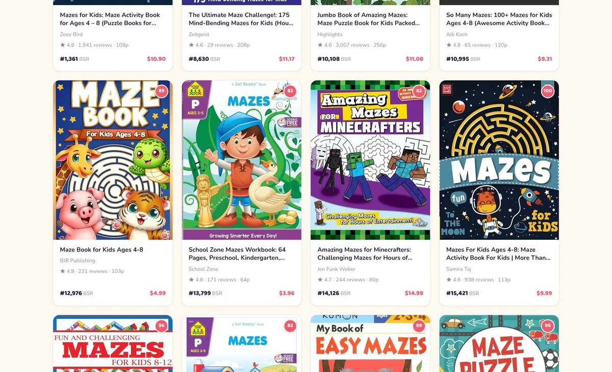 The Amazon dashboard: a grid of real maze book covers, each with its rank, rating, page count and price