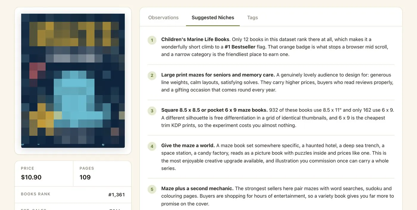The research dashboard on one Amazon maze book: price, page count, rank, estimated sales and rating down the side, with a Suggested Niches panel listing five original book ideas drawn from the data