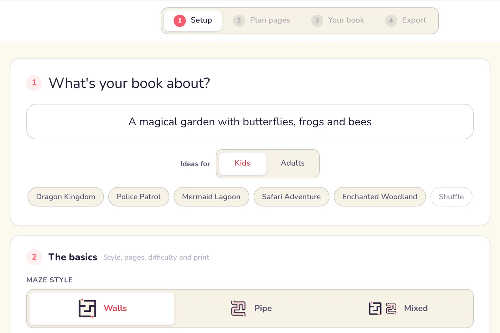 The Book Creator's Setup step: the four-step rail, a book idea typed in, an audience toggle and one-tap theme ideas