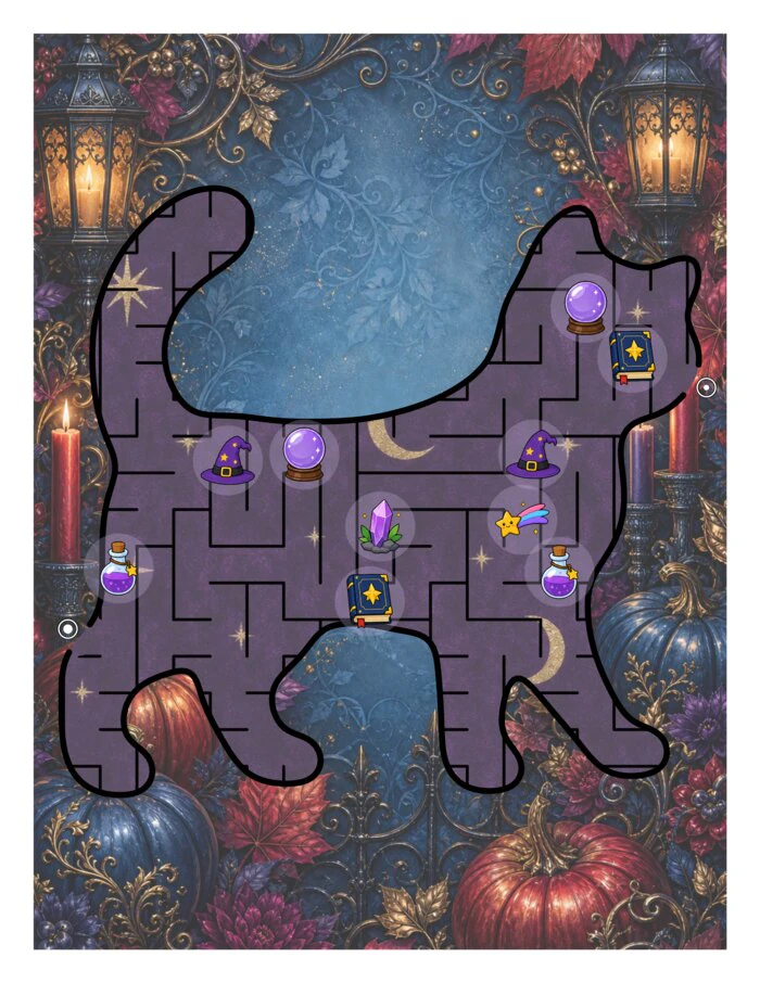 A black cat maze in an autumn scene, with witch hats, potions and crystal balls scattered into the open pockets