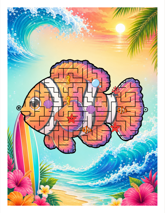 A painted clownfish maze on a tropical surf beach decorated with sea stickers