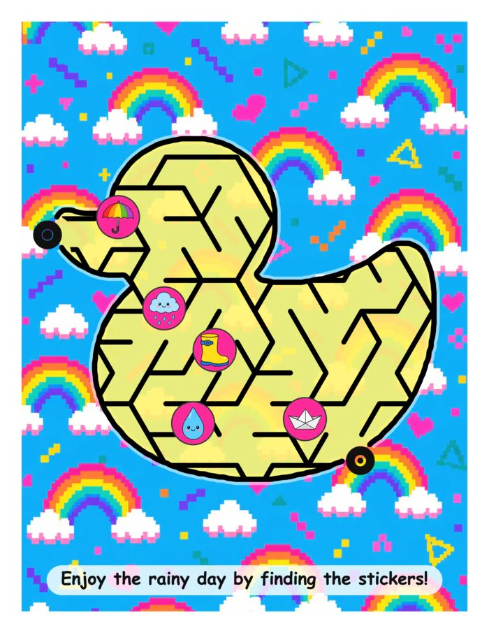 A yellow rubber duck maze on a pixel rainbow sky, with umbrella, rain cloud, welly boot, raindrop and paper boat stickers to find inside it