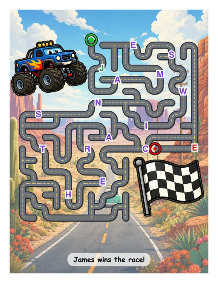 A desert road maze with letter stickers spelling JAMES WINS THE RACE along the route, a monster truck at the start and a checkered flag at the finish