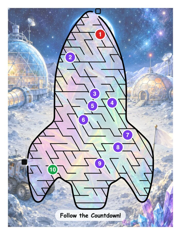 A rocket maze on a moon base, with numbered countdown stickers laid along the solution path
