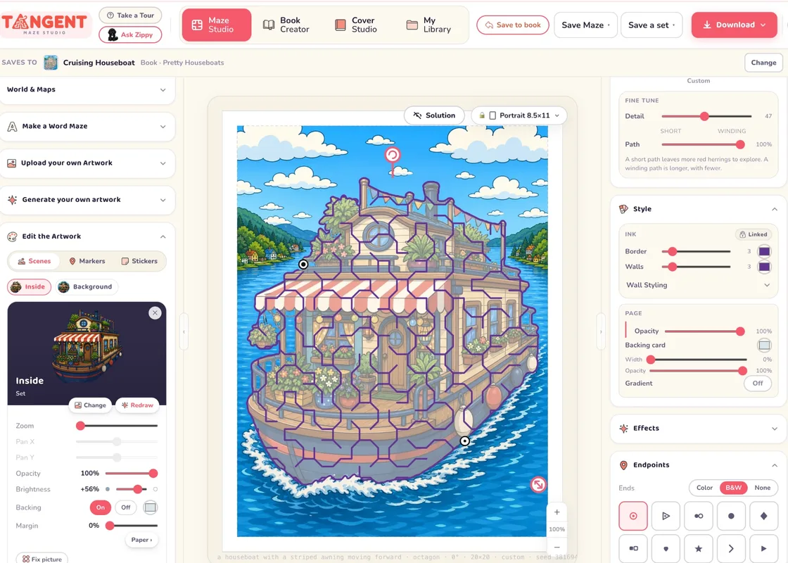 Maze Studio: a houseboat maze on a sunny lake, with the artwork panel open on the left and the ink and page controls on the right