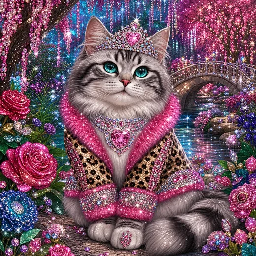 A cat drawn in jewels and glitter