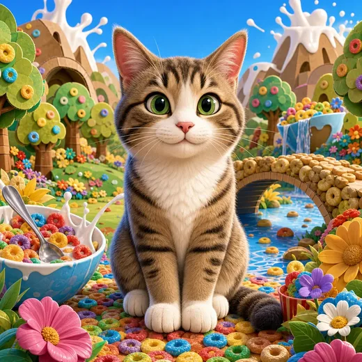 A cat drawn as a cereal box adventure