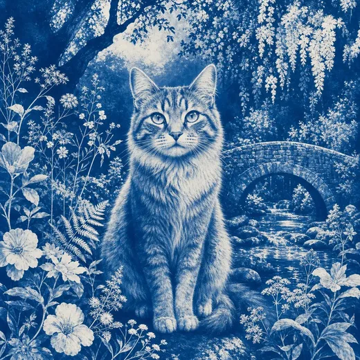 A cat printed as a blue cyanotype