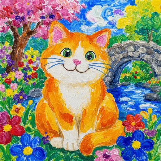 A cat finger-painted in bright poster colors