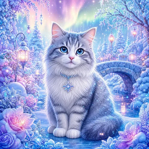 A cat drawn in frosted glowing blues